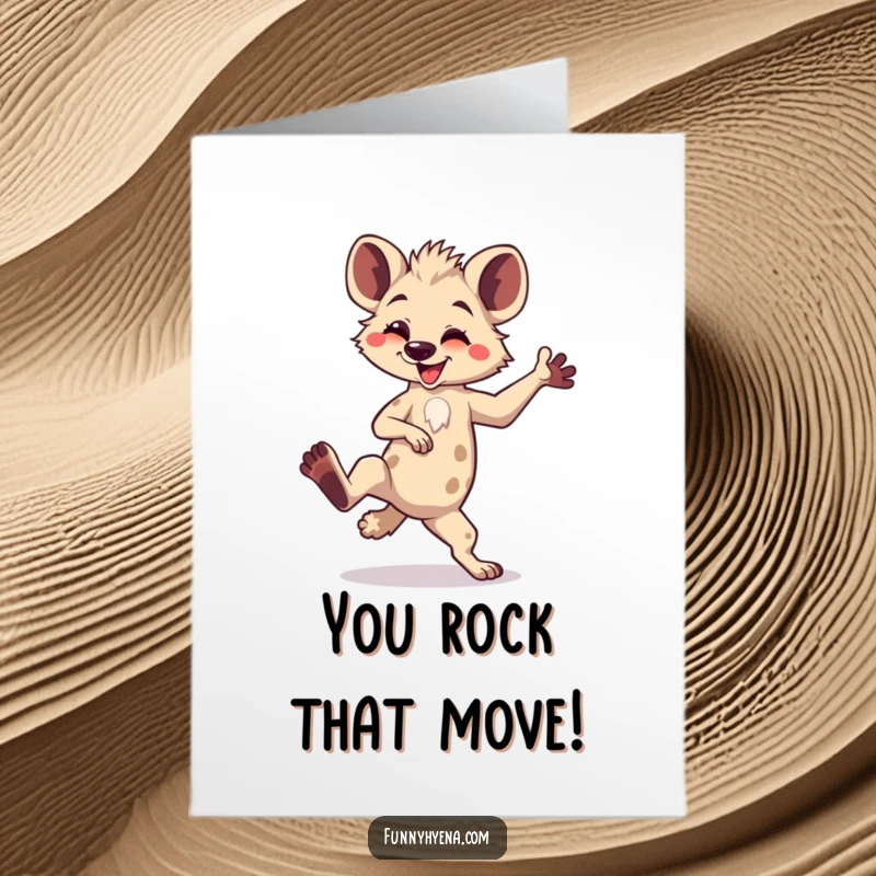 Funny Free Printable Congratulations Card: A kawaii hyena is captured mid-dance in a wonderfully silly pose.