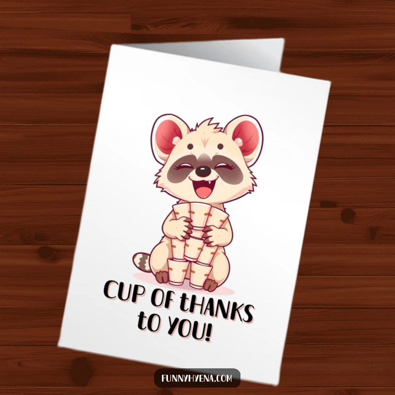 Funny Free Printable Thank You Card: A kawaii hyena giggles while precariously balancing a stack of tiny cups.