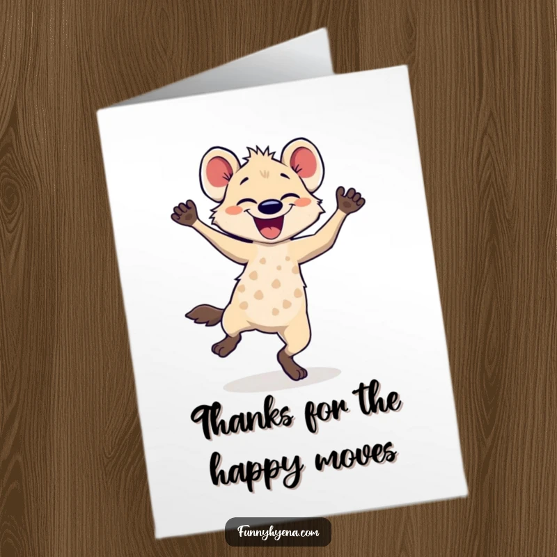 Free printable thank you card featuring a hyena dancing with joyful, blurred motion, a fun way to express thanks.