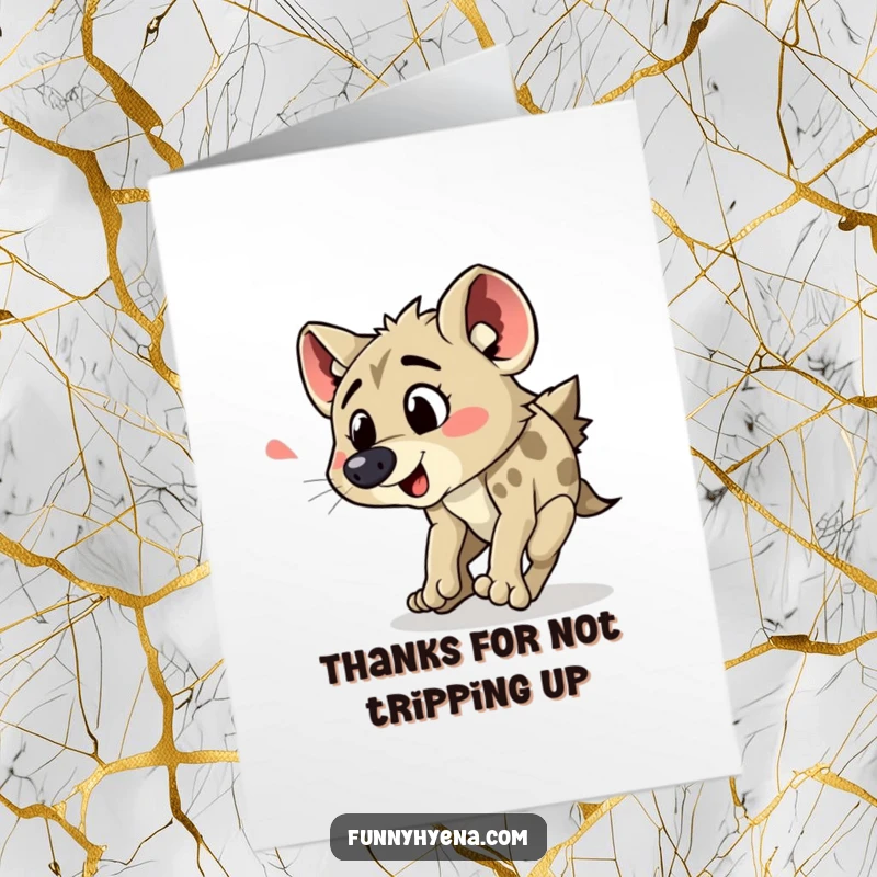 Funny free printable thank you card depicting a hyena comically tripping, offering a humorous way to express gratitude.