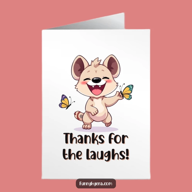 Free Printable Kawaii Hyena Thank You Card: Funny Hyena Butterfly Chase Downloadable Gratitude