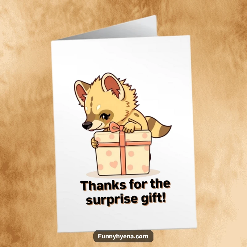Funny Free Printable Thank You Card of a hyena tiptoeing with exaggerated stealth and a large gift box, a humorous downloadable note.