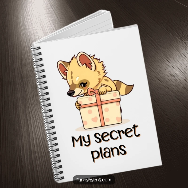 Funny Hyena Notebook, cover shows a hyena tiptoeing with a gift box, perfect for sneaky notes.