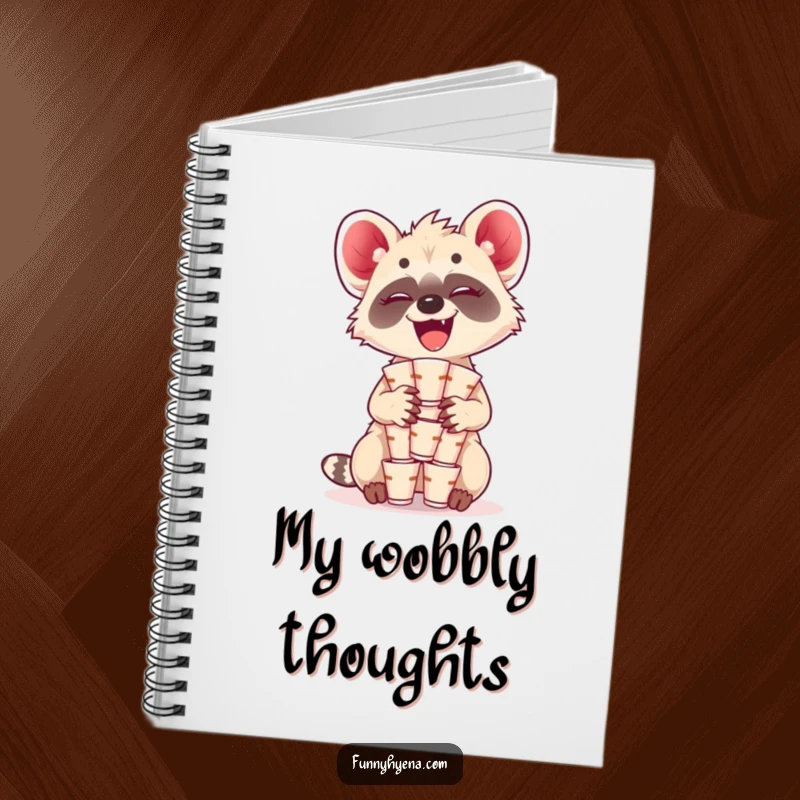 Funny Kawaii Hyena Notebook: A giggling hyena balances a stack of tiny cups, inspiring fun notes and doodles.
