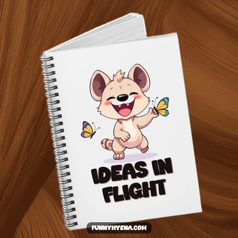 Funny Kawaii Hyena Notebook: A happy hyena with a big grin chases a colorful butterfly across the cover, inspiring joy.