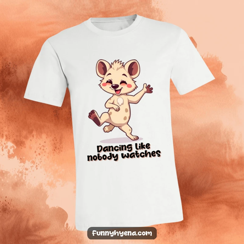 Funny Kawaii Hyena T-Shirt: A silly kawaii hyena is captured mid-dance with one leg raised, showcasing pure, comical energy.