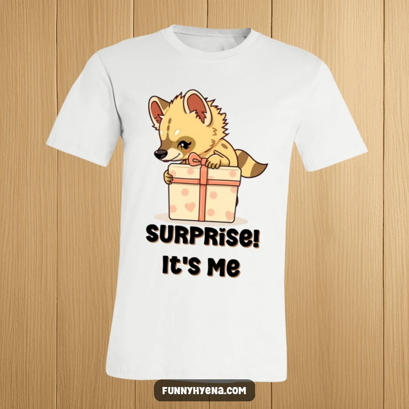 Funny Hyena T-Shirt, a hyena tiptoes with exaggerated stealth holding a gift box, great for sneaky humor.