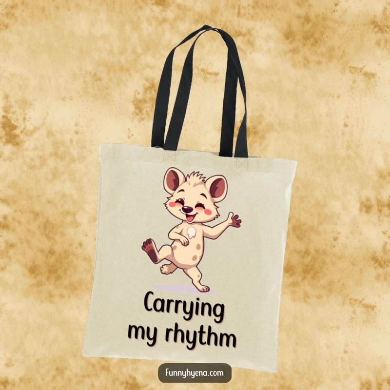 Funny Kawaii Hyena Tote Bag: A happy hyena strikes a silly dance pose with one leg up, making errands more amusing.