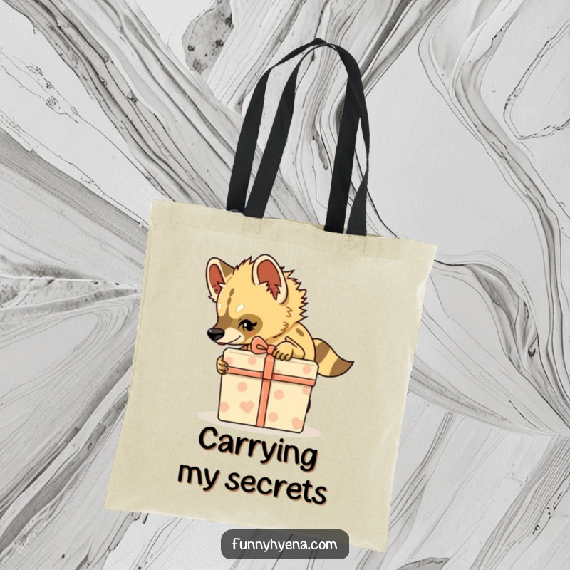 Funny Hyena Tote Bag, a hyena tiptoes with a large gift box, perfect for stealthy shopping.