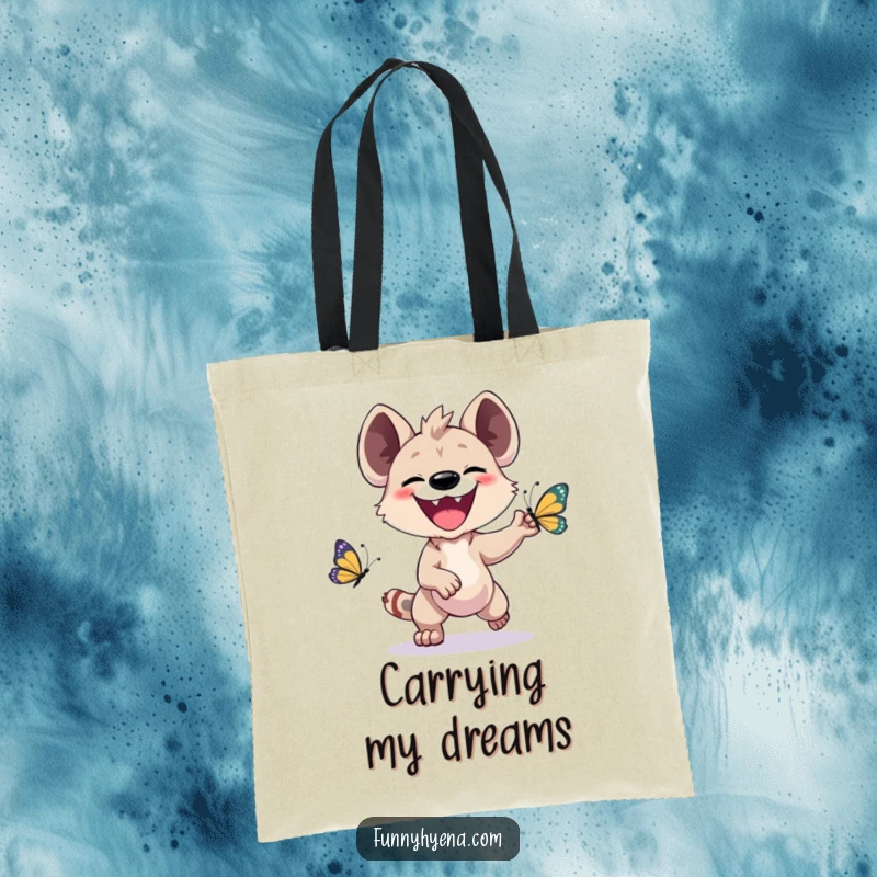 Funny Kawaii Hyena Tote Bag: A grinning hyena joyfully chases a colorful butterfly, making everyday tasks more amusing.